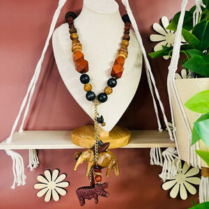 African Animal‎ Wood Beaded Belt Necklace Chunky Hand Dyed Ethnic Boho Tribal